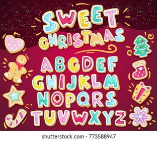 Merry christmas sweet font. Vector holiday illustration set cookie letters and figured gingerbread cookies. Heart, snowflake, fir-tree, sock, star, gift, lollipop, gingerbread man. Cartoon alphabet