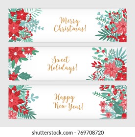 Merry Christmas, Sweet Holidays and Happy New Year. Collection of festive horizontal banner templates decorated with beautiful green and red leaves on white background. Colorful vector illustration.