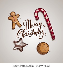 merry christmas! sweets, cake, candy cane. vector illustration with lettering
