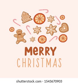 Merry Christmas. Christmas sweets, gingerbread man, gingerbread cookie, candy cane. Vector illustration in with doodle style.