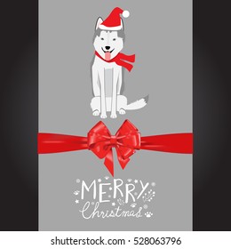 Merry christmas syberian husky dogs in the red hat hand lettering vector. illustration EPS10.