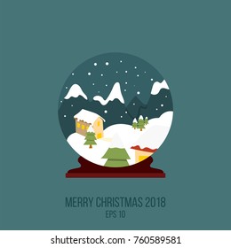 Merry Christmas symbol, New Year, house, mountains, snow, stars. Vector illustration, graphic logo and emblem. Usable for banners, greeting cards, gifts etc. Happy New year 2018