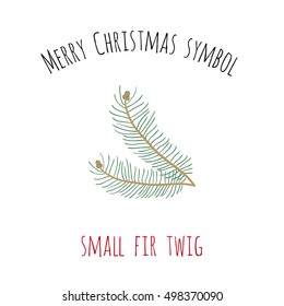 Merry Christmas symbol: small fir twig. Beautiful vector for decoration xmas designs. Cute minimalistic art elements on white backdrop.