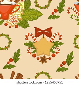 Merry Christmas symbolic food and plant seamless pattern vector mistletoe leaves and gingerbread cookies with chocolate crumbles candy lollipop stick with striped print cinnamon aroma species.