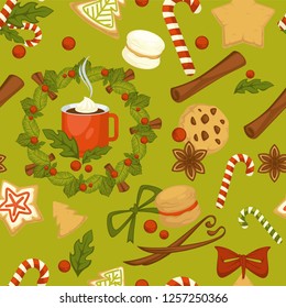 Merry Christmas symbolic food and plant seamless pattern vector mistletoe leaves and gingerbread cookies with chocolate crumbles candy lollipop stick with striped print cinnamon aroma species.