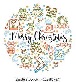 Merry Christmas symbolic icons placed in circle with text vector. Knitted sweater with reindeer image, baubles decoration toys and pine tree branches mistletoe branches decorated with ribbons