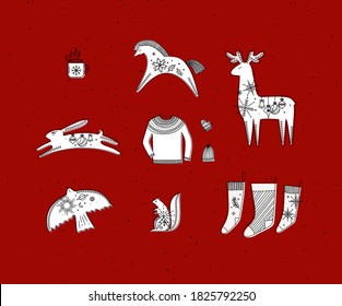 Merry christmas symbols cup, horse, deer, rabbit, hat, glove, pullover, bird, squirrel, socks drawing in graphic style on red background