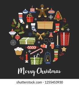 Merry Christmas symbols of New Year, signs set vector. Presents and gifts in boxes, cooked gingerbread man and pine, sock and mistletoe plant leaf. Snowflake and candle, candy and stars decoration