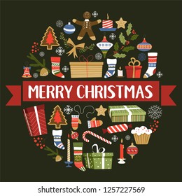 Merry Christmas symbols of New Year, signs set vector. Presents and gifts in boxes, cooked gingerbread man and pine, sock and mistletoe plant leaf. Snowflake and candle, candy and stars decoration
