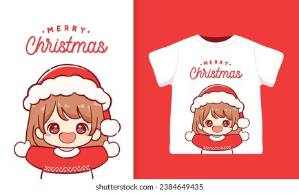 Merry christmas t shirt designs with cute girl santa illustration