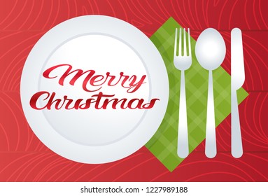 merry christmas table setting with plate spoon fork knife holiday decoration concept flat horizontal vector illustration