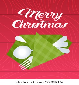 merry christmas table setting with spoon fork knife wrapped in napkin holiday decoration concept flat vector illustration