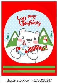 Merry Christmas tags cute collection. Labels with Bear and friends on the ice floor in town, Happy New Year.