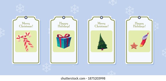 merry Christmas tags, happy holidays tag for shop and snow flakes background