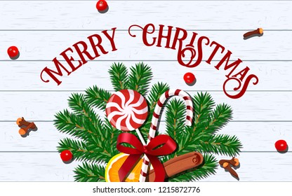 Merry Christmas taste template card. decoration with fir branches with red bow, candy cane, lollypop, orange slice, cinnamon, cloves. white wooden planks background. Place for text vector illustration