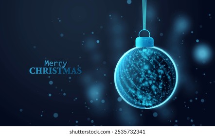 Merry Christmas technology design. Futuristic happy holiday card with blue neon ball vector background. Happy New Year concept.