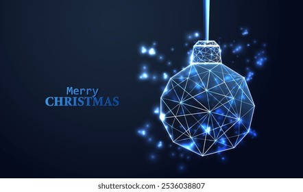 Feliz Natal tecnologia wireframe projeto bola. Cartão de férias feliz futurista com fundo azul neon baixo poli bauble vetor. Feliz convite de Ano Novo.