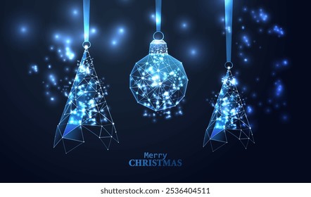 Merry Christmas technology with wireframe ball and trees design. Futuristic happy holiday card with blue neon low poly bauble and tree vector background. Happy New Year.
