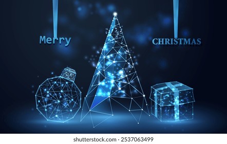 Tecnología de Navidades alegres con la bola del wireframe, el árbol y la caja de regalo. Tarjeta de vacaciones feliz futurista con fondo azul de neón bajo de poli y árbol de Vector. Diseño feliz del año Nuevo.