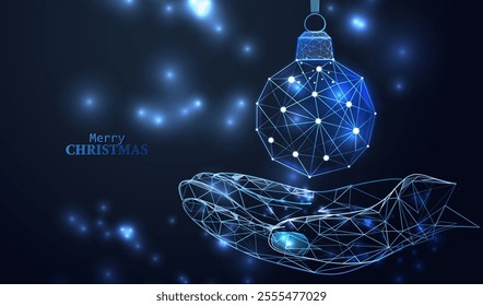 Merry Christmas technology with wireframe glowing ball and open hand design. Futuristic happy holiday card with blue neon low poly bauble and hand vector background. Happy New Year.