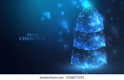Merry Christmas technology wireframe tree design. Futuristic happy holiday card with blue neon low poly tree vector background. Happy New Year invitation.
