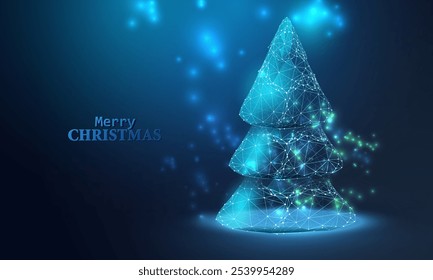 Merry Christmas technology wireframe tree design. Futuristic happy holiday card with blue neon low poly tree vector background. Happy New Year.
