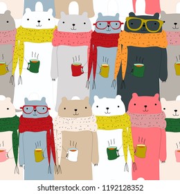 Merry Christmas teddy bear cartoon doodle art seamless pattern
