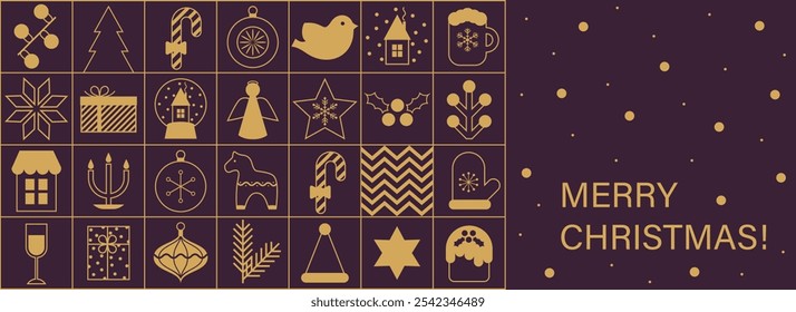 Fröhliche Weihnachten Vorlage Hintergrund mit geometrischen minimalistischen Elementen. Muster mit goldenen Linien-Symbolen. Abstraktes modernes Banner im flachen Design. Weihnachtsschmuck. Vektorgrafik.
