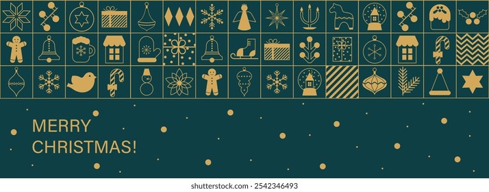 Fröhliche Weihnachten Vorlage Hintergrund mit geometrischen minimalistischen Elementen. Muster mit goldenen Linien-Symbolen. Abstraktes modernes Banner im flachen Design. Weihnachtsschmuck. Vektorgrafik.
