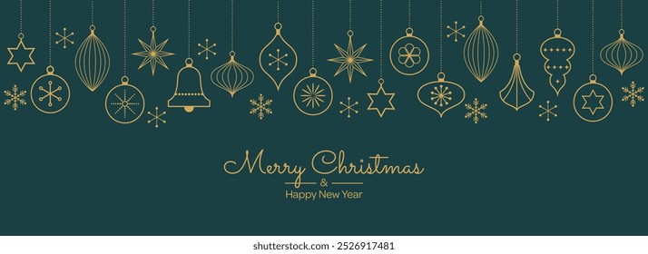 Merry Christmas template background with gold geometric minimalist elements and icons on dark green. Abstract trendy banner with vintage tree decorations in simple flat design. Vector illustration.

