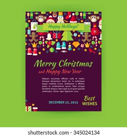 Merry Christmas Template Banner Flyer. Flat Design Vector Illustration of Brand Identity for Happy New Year Promotion. Winter Holiday Colorful Pattern for Advertising.