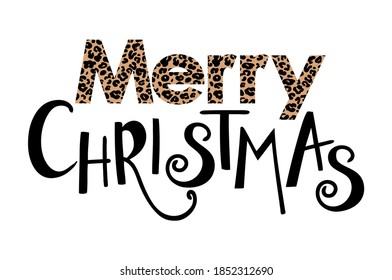 Merry Christmas template for banner or poster holiday leopard pattern lettering greeting card vector illustration svg