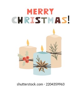 Merry Christmas template with candles. Background for greeting cards, postcards, letters, labels, web, etc.