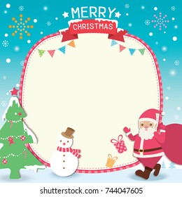 Merry Christmas template card design with santa claus carry a gift bag on shoulder, christmas tree and snow man on snow background.
