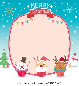 Merry Christmas template card design with santa claus, snowman, reindeer's cupcakes on snow background.