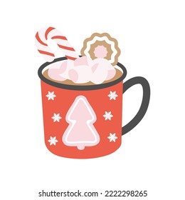 Merry Christmas template with coffee mug, lollipop and gingerbread. Background for greeting cards, postcards, letters, labels, web, etc.