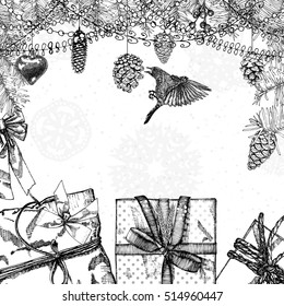 Merry Christmas template with confetti and bird. Wrapping gift box and conifers, pinecones. Vintage invitation or greeting card with hand drawn cones and holiday toys. 