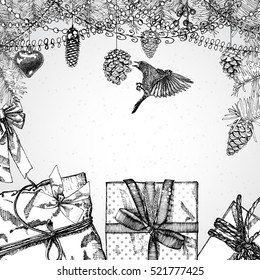 Merry Christmas template with confetti and bird. Wrapping gift box and conifers, pinecones. Vintage invitation or greeting card with hand drawn cones and holiday toys. 