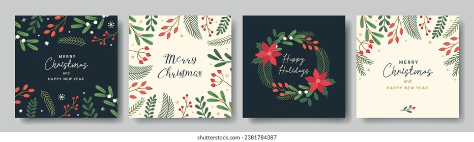 Merry Christmas template for corporate greeting cards. Floral frame and background with berries, leaves, pine branches, mistletoe. Vector illustration for poster, cover, banner, social media post.