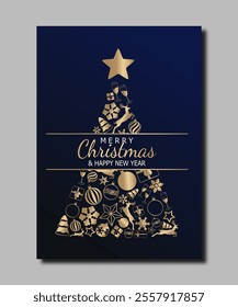 Merry Christmas template design for card, background with a christmas tree made of stars, balls, snowflakes, champagne, gift boxes. vector illustration for poster, greeting en luxury green and gold