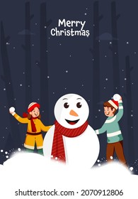 Merry Christmas Template Design With Cheerful Kids Playing From Snowball And Snowman Character On Blue Background.