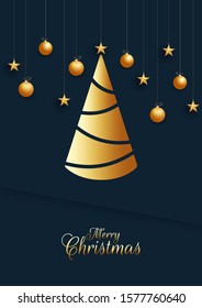 Merry Christmas Template Design with Creative Golden Xmas Tree, Stars and Hanging Baubles on Blue Background.