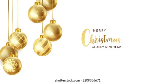 Merry Christmas Template Design With Golden Christmas Balls 3D Design beautifully arranged