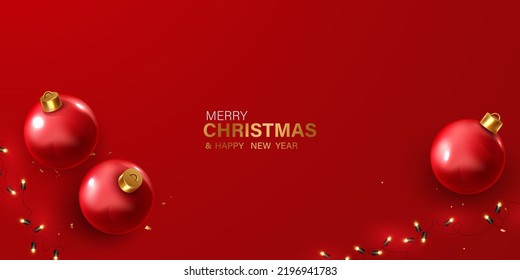 Merry Christmas template design on red background with beautifully arranged Christmas balls.