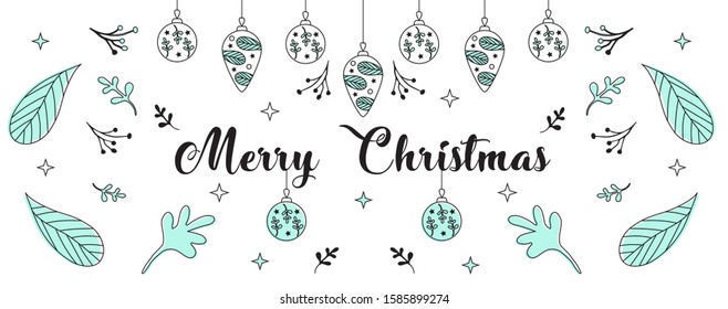 Merry Christmas template for facebook cover, web page, banner, postcard or invitation on the theme of nature with leaves, tree branches. Vector vintage cartoon illustration.