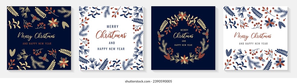 Merry Christmas template for greeting cards. Floral ornate frame and background with berries, leaves, pine branches.