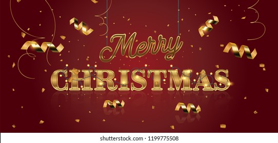Merry Christmas template. Holiday vector illustration. Party invitation design. Festive decoration with glowing golden text, confetti particles, streamers and confetti.