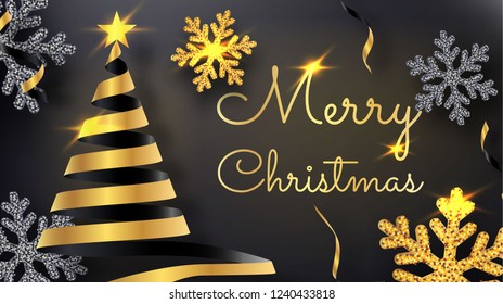 Merry Christmas template. Holiday vector illustration. Party invitation design. Festive decoration with glowing golden text, confetti particles, snowflake, ribbon christmas tree. vector eps10