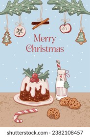 Merry Christmas template with milk, christmas pudding and gingerbread cookies. Space for text. Vector illustration.