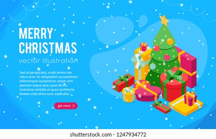 Merry Christmas template with pale of isometric gift boxes and christmas tree  on blue background, vector illustration. Bright, colorful presents with ribbon bows, snow and snowflakes. 